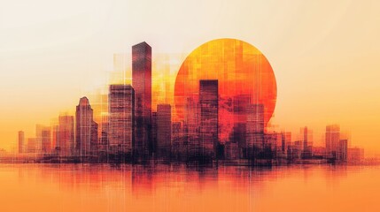 Fototapeta premium A stylized cityscape at sunset with a large orange sun.