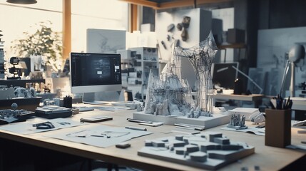 Architectural Design Workspace with 3D Models and Computer-Aided Design Software Displayed on Screen
