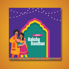 Happy Raksha Bandhan Celebration Background with Cheerful Young Boy and Girl Taking Selfie Together from Smartphone.