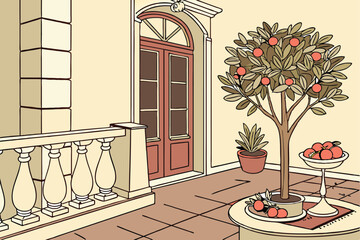 196 a rendering of a patio or balcony with a potted pomegranate tree, other potted plants, a white railing, and a table with fruits,digital illustration, detailed, elegant, warm colors, soft lighting