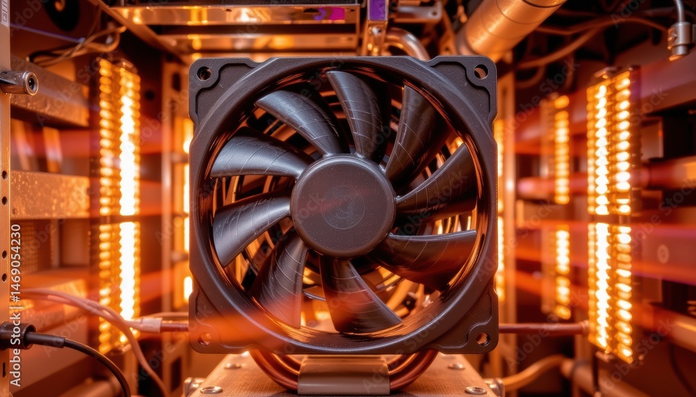 Poster cooling fan with illuminated components in a tech setup.