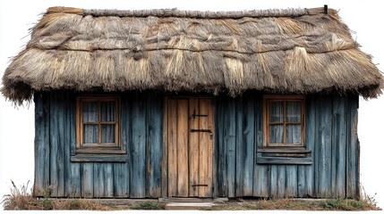 Naklejka premium Rustic Thatched-Roof Cottage: A Charming Countryside Haven