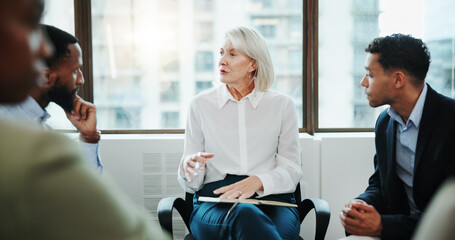 Meeting, manager and business people in office for review, advice or feedback on company profit....