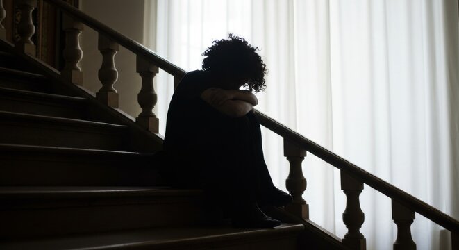 Silhouette of a woman in despair sitting on stairs near the window