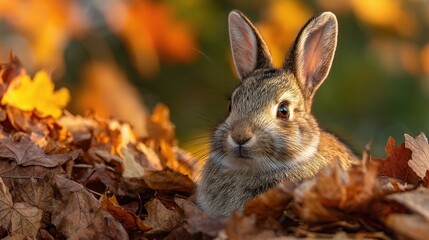 Fototapeta premium Small Rabbit Sitting on Pile of Autumn Leaves in Natural Setting