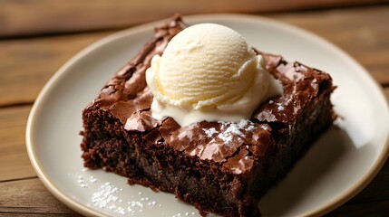 Decadent brownie square topped with vanilla ice cream