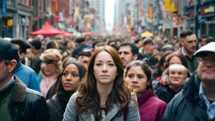 Woman in the Crowd:  A solitary woman stands amidst a bustling crowd in an urban environment, her determined gaze piercing through the sea of faces.