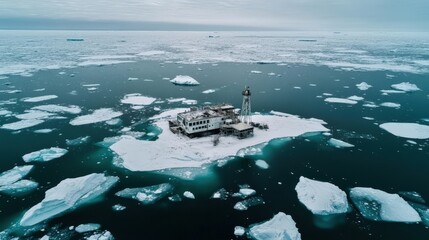Frozen island structure amidst icy waters.