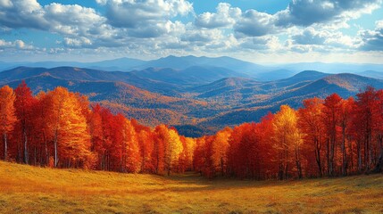 Fototapeta premium Autumnal Mountain Majesty: A Panorama of Fiery Foliage and Majestic Peaks