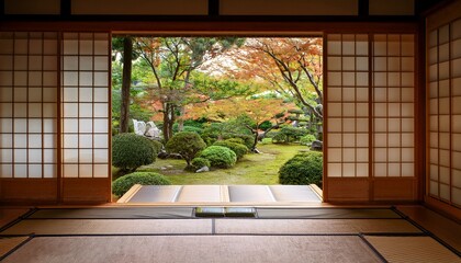 Traditional Japanese Ryokan Room with Garden View, Serene and Relaxing Interior / 和風旅館の客室から望む庭園、心安らぐ落ち着いた室内