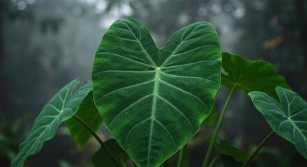 Obraz premium Lush greenery: Heart-shaped elephant ear leaves in a misty tropical forest
