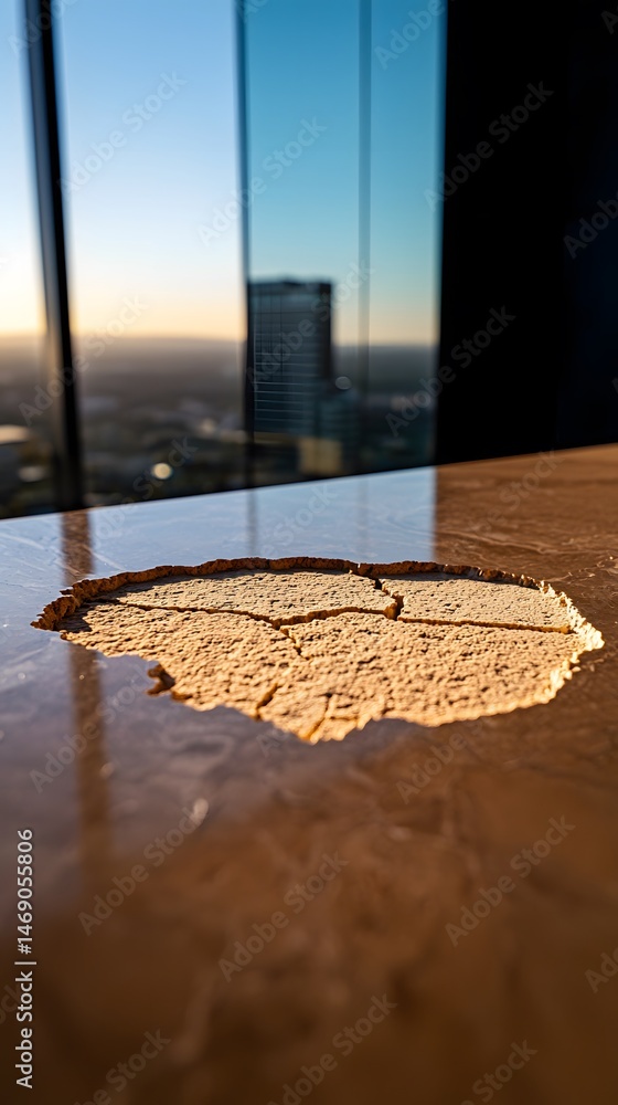 Poster weathered stone surface with layered chisel marks and city view