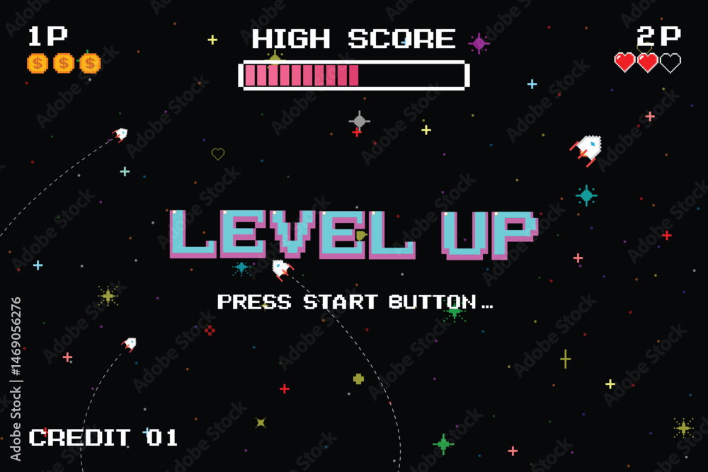 Poster level up icon pixel art. 8 bit game. retro game. retro futurism sci-fi background. glowing neon grid