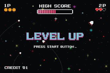 LEVEL UP icon pixel art. 8 bit game. retro game. Retro Futurism Sci-Fi Background. glowing neon grid. and stars from vintage arcade computer games