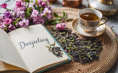 Spring Darjeeling, West Bengal ,Himalayan spring bloom, India Darjeeling tea, open notebook, flowers, and teacup