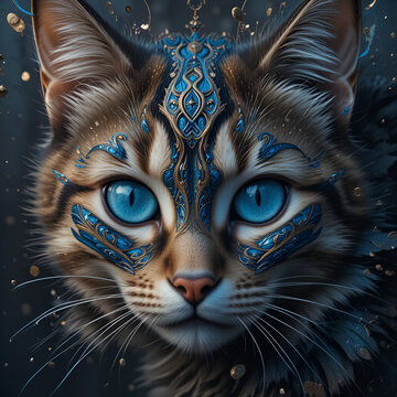 Impressionable artistic work of a cat's face with striking blue eyes with blue and gold patterns