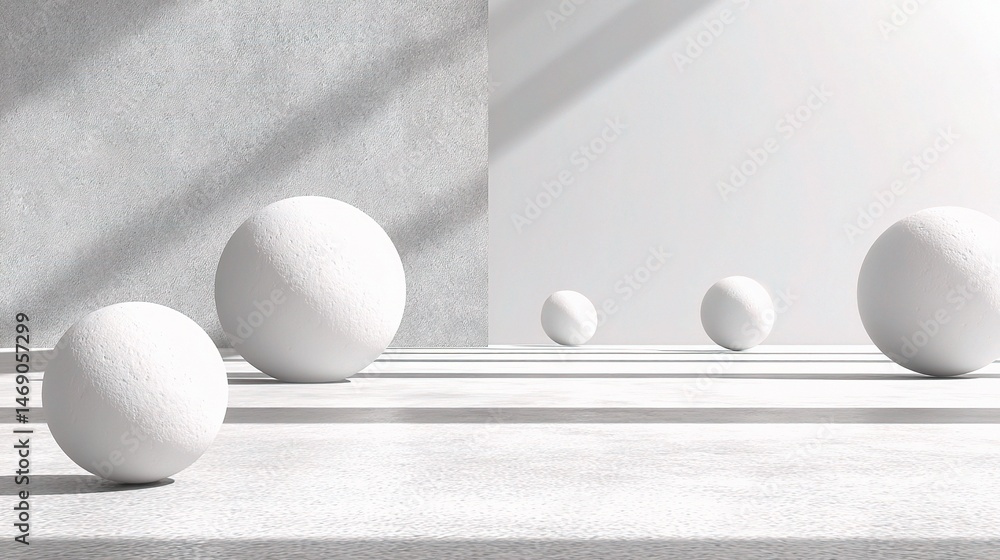 Poster floating white spheres casting soft shadows on minimalist background