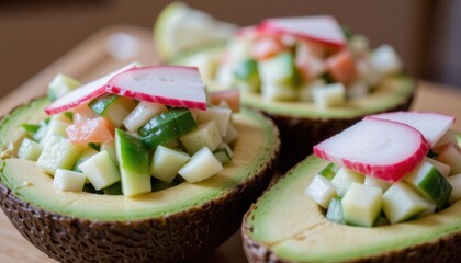 Fresh avocado halves topped with diced vegetables and radishes