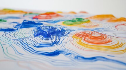 Colorful topographic lines on a light surface.