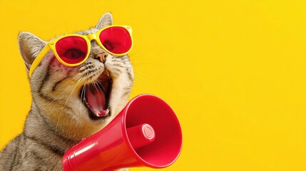 Funny Cat Wearing Sunglasses and Holding a Red Megaphone
