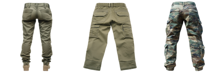 Set of Angled shot of olive green cargo pants, showcasing their utility and stylish design, perfect for outdoor or urban wear on transparent png background. Ai generated
