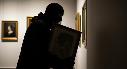 Bold Art Heist, Masked Thief Stealing a Priceless Painting from an Art Gallery