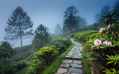 Obraz premium Spring Darjeeling, West Bengal ,Himalayan spring bloom, India Misty Mountain Path Through Tea Gardens