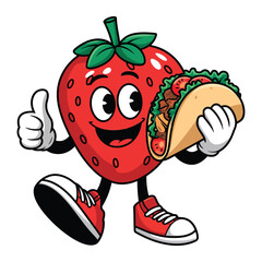 Fototapeta premium Cute happy strawberry character wear sunglasses. Funny strawberry greet friend cartoon emoticon in flat style. Fruit emoji vector illustration