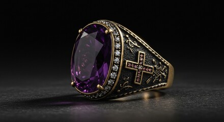 Exquisite Gold Ring with Amethyst and Diamond Accents on Dark Background
