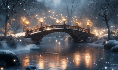serene depiction of a snow-covered bridge crossing a frozen stream, with lanterns glowing softly along its railings, Generative AI