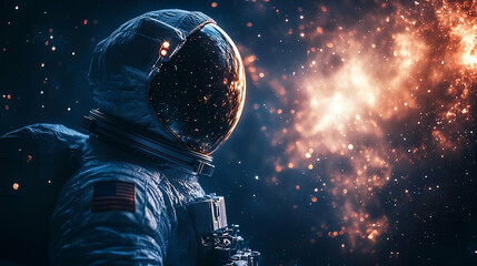 Astronaut in a spacesuit, gazing at a celestial nebula.