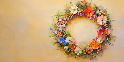 Colorful floral wreath in oil painting style on beige background for spring greeting cards, wedding invitations, seasonal decor, nature illustrations, and home design visuals