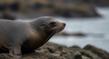 Fototapeta premium Galapagos Sea Lion basking on the Rocky Shore, Portrait of wild nature