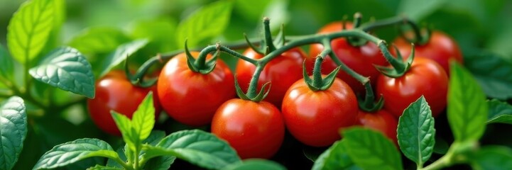 Luscious red tomatoes nestled amongst vibrant green leaves, vibrant, photography, nutrition