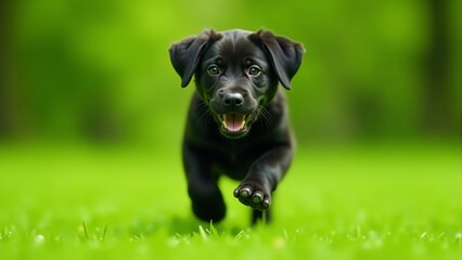Fototapeta premium Cute Black Labrador Puppy Running In Green