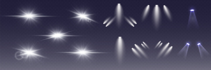 Collection of light effects, light of lights and spotlights, star flash. On a transparent background.