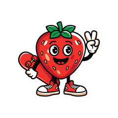 Cute happy strawberry character wear sunglasses. Funny strawberry greet friend cartoon emoticon in flat style. Fruit emoji vector illustration