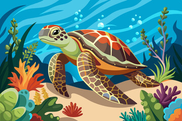 Fototapeta premium Sea turtle splashes on the seabed with corals wallpaper