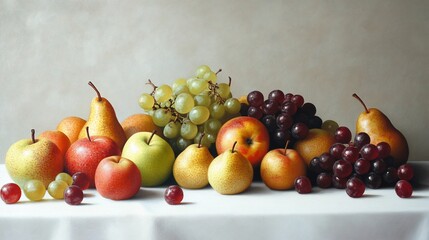 Still life arrangement of fresh fruits including apples pears and grapes on table