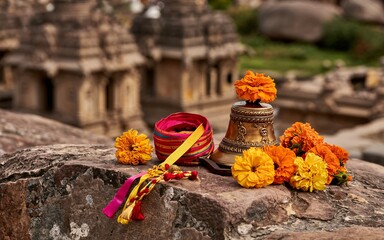 Spring Hampi, Karnataka ,Ruins meet bloom, india, Ancient temple bell, flowers, and ribbons