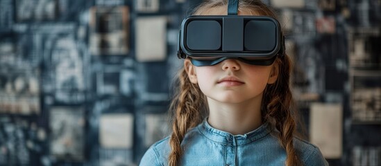 Girl wearing VR headset, exploring virtual reality.