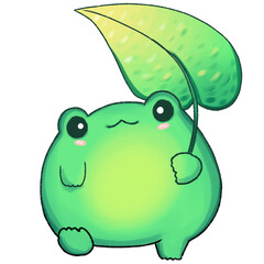 Cute Round Green Frog with a Leaf- Hand Drawing Digital Character Illustration