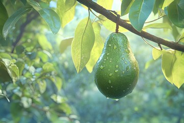 Fresh avocado on branch, morning light