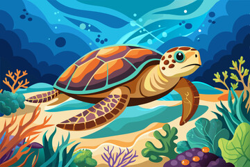 Naklejka premium Sea turtle splashes on the seabed with corals wallpaper