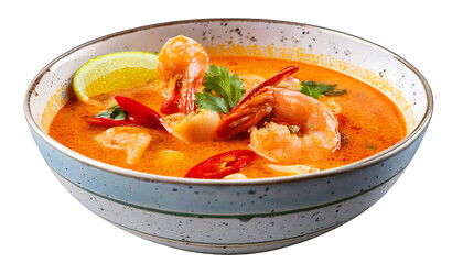 Delicious and spicy Thai Tom Yum soup in a traditional bowl, with bright orange broth on a transparent background. Menu, advertisement, promotion.