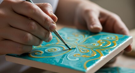 Artisan Hand-Painting Teal and Gold Ceramic Tile: Exquisite Detail in Craftsmanship