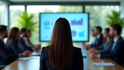 Modern business meeting with diverse team analyzing charts on digital screen perfect for corporate strategy and teamwork content