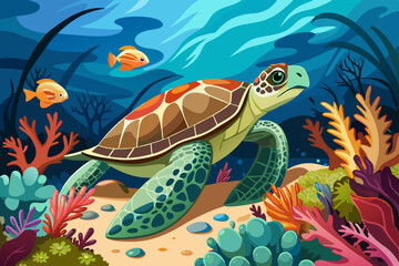 Fototapeta premium Sea turtle splashes on the seabed with corals wallpaper