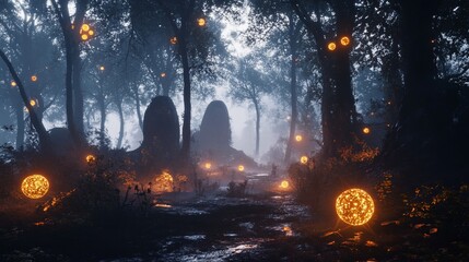 Obraz premium Mystical Forest Path illuminated by glowing Orbs at dusk eerie atmosphere