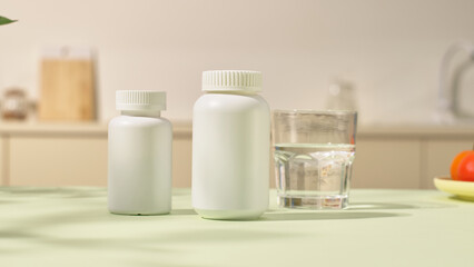 Mockup of two different sized medicine bottles with a glass of water placed on a table. Natural light shining into the kitchen, shadows of objects cast on the table surface. Kitchen background.